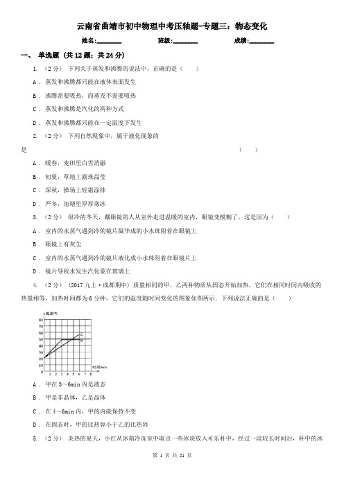 云南省曲靖市初中物理中考压轴题-专题三：物态变化