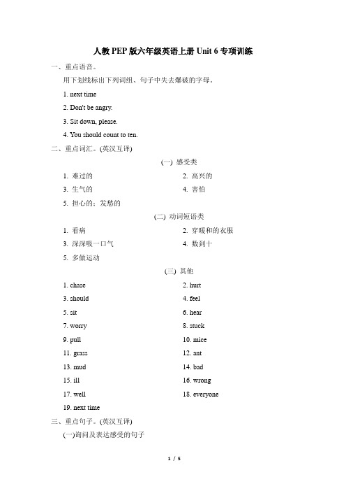 人教PEP版六年级英语上册Unit 6专项训练含答案