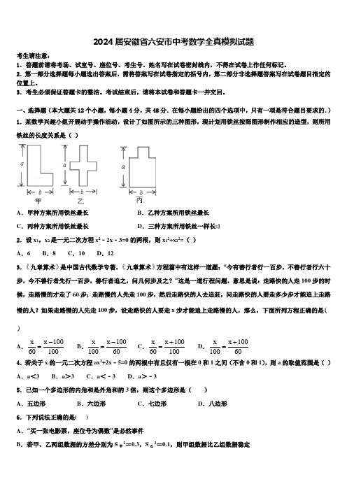 2024届安徽省六安市中考数学全真模拟试题含解析