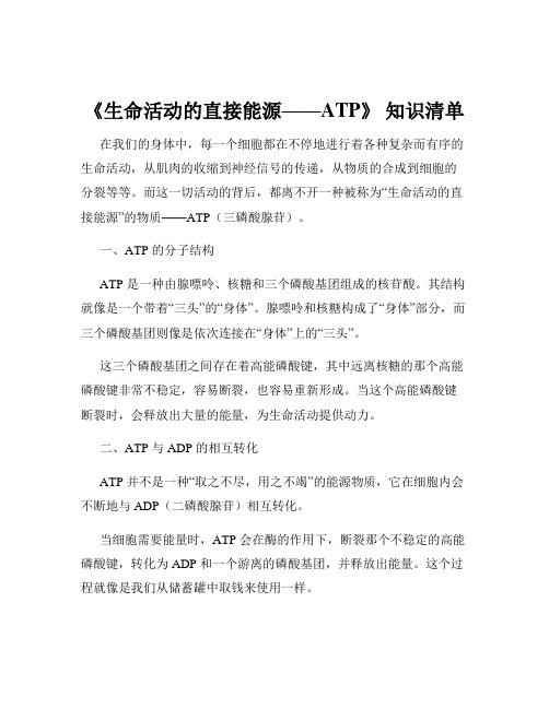 《生命活动的直接能源——ATP》 知识清单