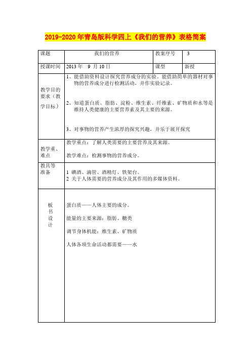 2019-2020年青岛版科学四上《我们的营养》表格简案