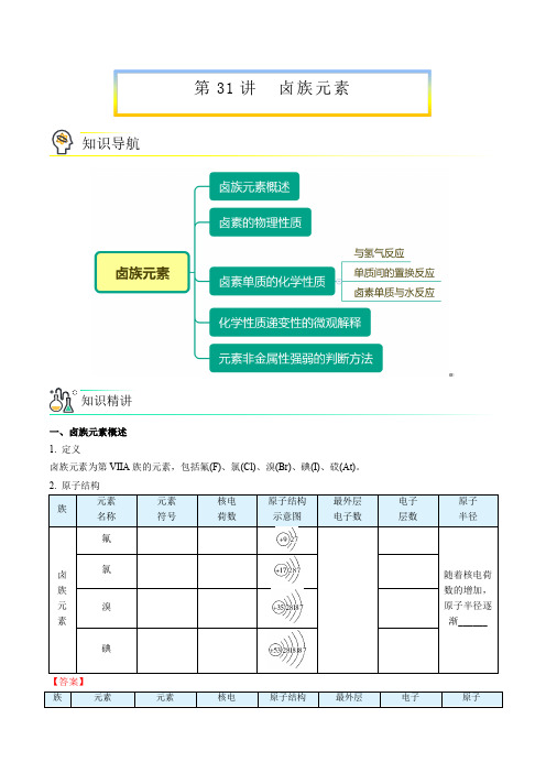 2024级新版高中化学必修一教案第31讲卤族元素