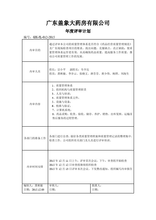 2017年1医药公司内审评审计划