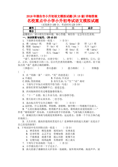 2019年烟台市小升初语文模拟试题(共10套)详细答案