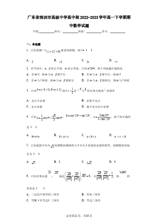 广东省深圳市高级中学高中部2022-2023学年高一下学期期中数学试题