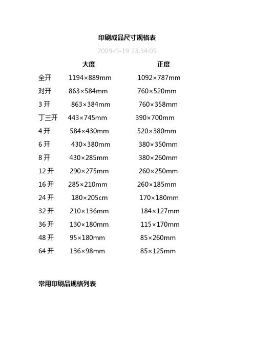 印刷成品尺寸规格表