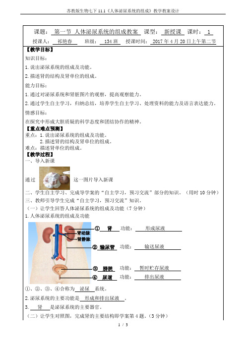 苏教版生物七下11.1《人体泌尿系统的组成》教学教案设计