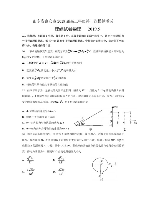 山东省泰安市2019届高三第二次模拟考试理综物理试题和答案