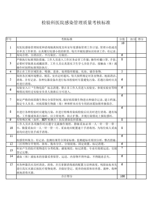 检验科医院感染管理质量考核标准