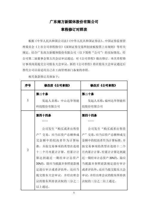 新媒股份：公司章程修订对照表