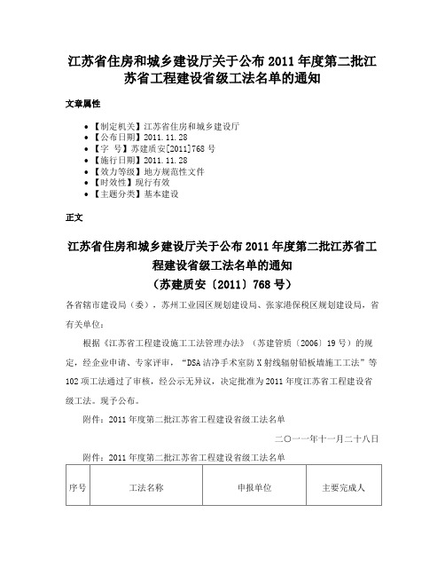 江苏省住房和城乡建设厅关于公布2011年度第二批江苏省工程建设省级工法名单的通知