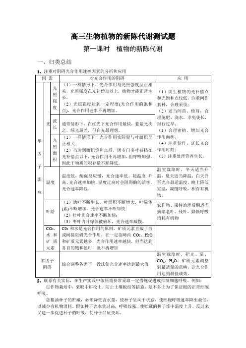 高三生物植物的新陈代谢测试题