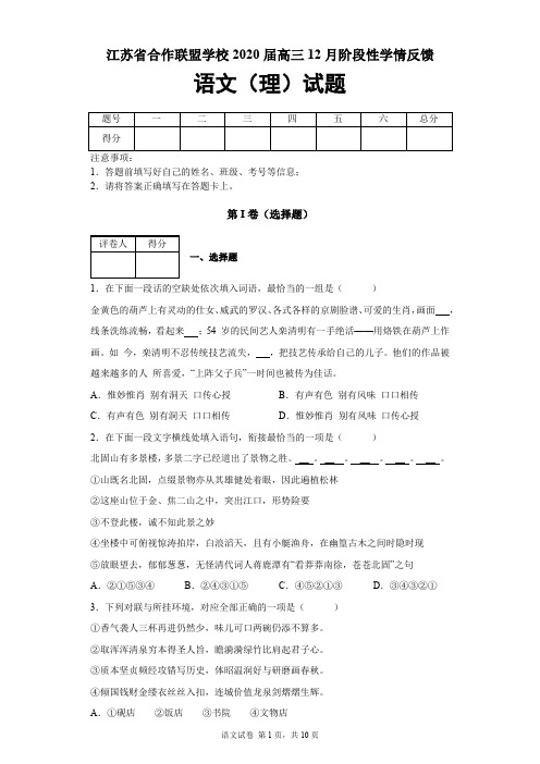 江苏省合作联盟学校2019—2020学年度高三12月阶段性学情反馈语文(理)试题及答案解析