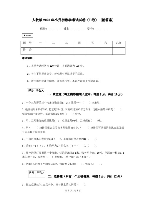 人教版2020年小升初数学考试试卷(I卷) (附答案)