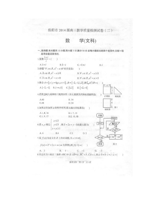 湖南省岳阳市2014届高三教学质量检测(二)数学文试题扫描版含答案