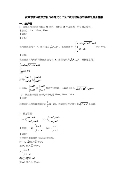 抚顺市初中数学方程与不等式之二元二次方程组技巧及练习题含答案