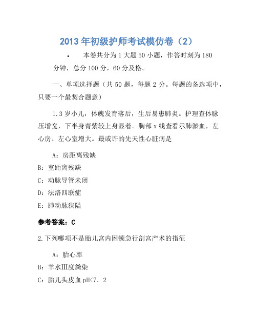 2013年初级护师考试模拟卷