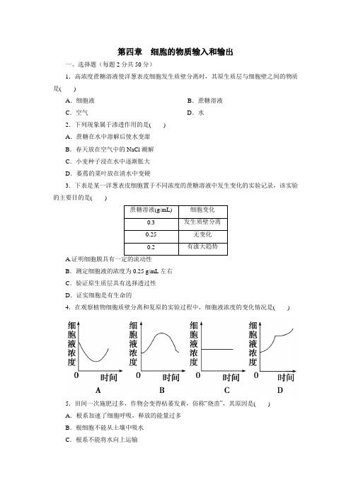 人教版高中生物必修一合格考：第四章细胞的物质输入和输出(附答案)