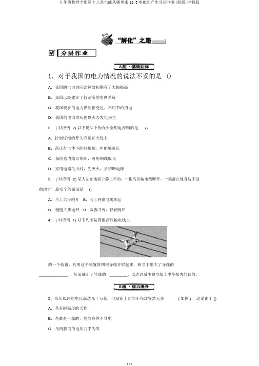 九年级物理全册第十八章电能从哪里来18.3电能的产生分层作业(新版)沪科版