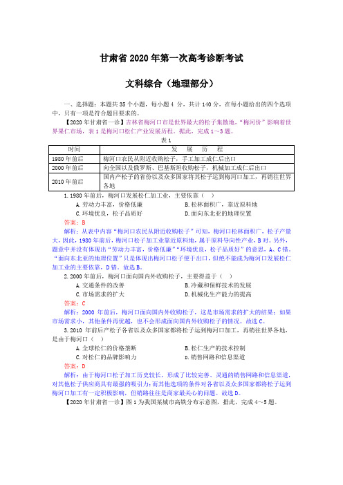 甘肃省2020年第一次高考诊断文科综合地理部分高清重绘(含答案详解)