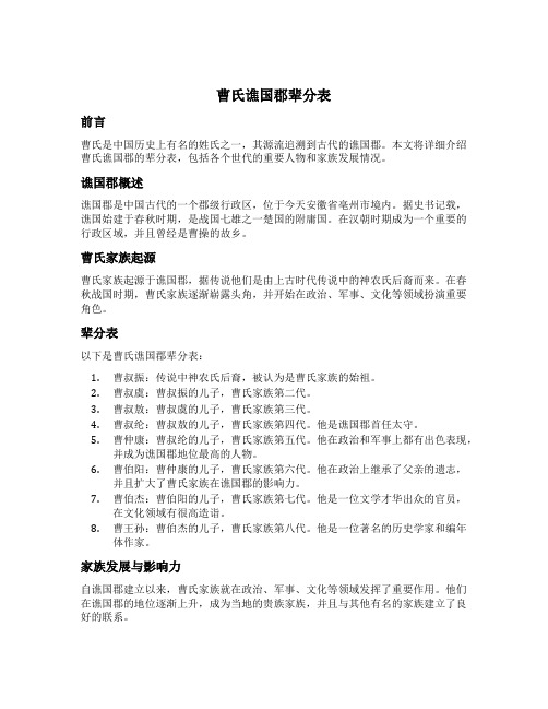 曹氏谯国郡辈分表