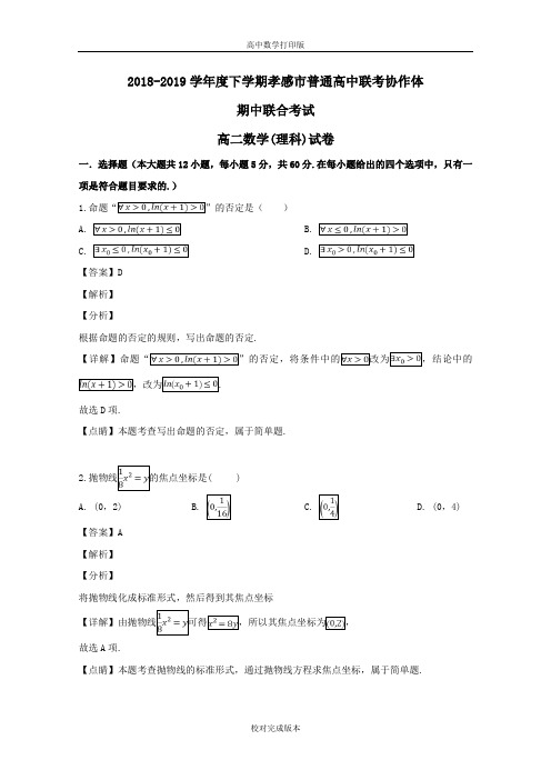 数学-高二湖北省孝感市联考协作体2018-2019学年高二下学期期中考试数学(理)试题