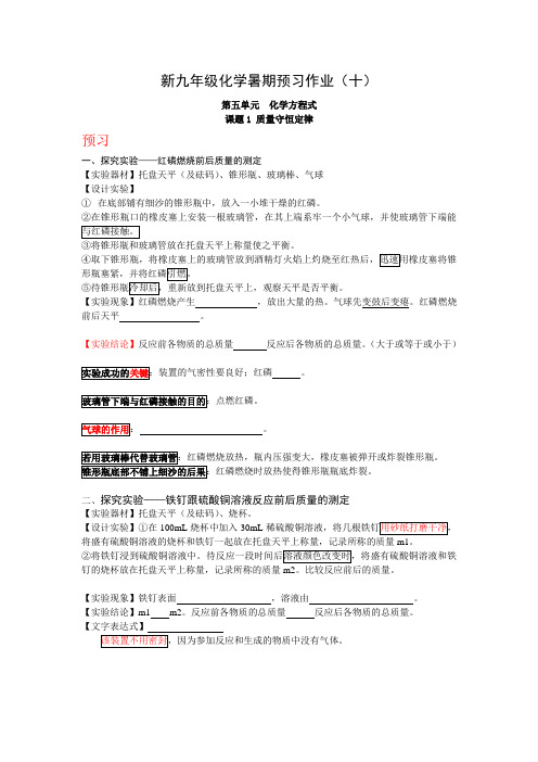 人教版化学 八升九 暑期预习作业(十)5.1 质量守恒定律(含答案)