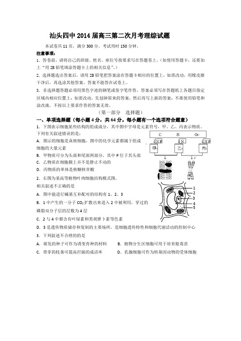 广东省汕头四中2014届高三第二次月考生物试题 Word版含答案