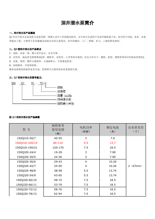 深井潜水泵简介及型号规格表