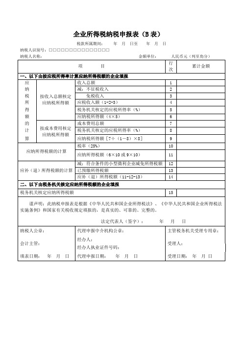 企业所得税纳税申报表(B表)