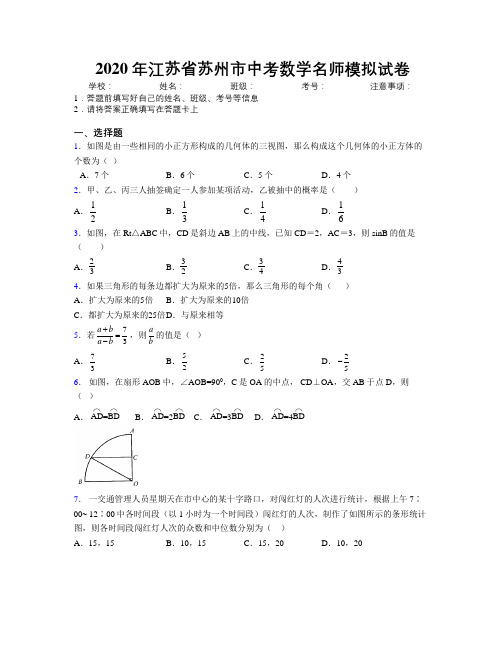 2020年江苏省苏州市中考数学名师模拟试卷附解析