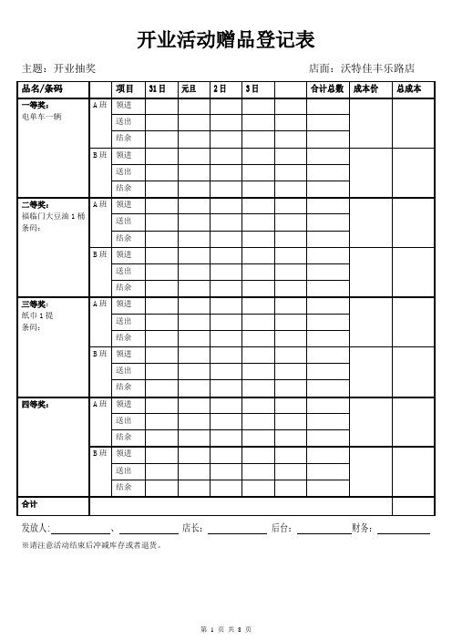 奖品发放登记表