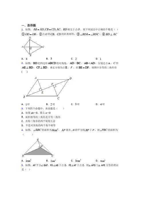 武汉光谷外国语学校八年级数学上册第二单元《全等三角形》检测(包含答案解析)