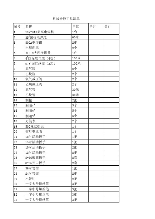 机械维修工具清单