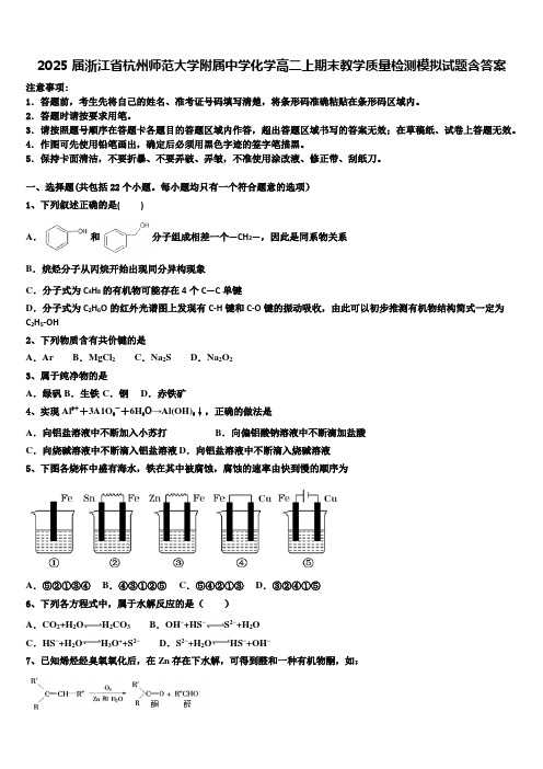 2025届浙江省杭州师范大学附属中学化学高二上期末教学质量检测模拟试题含答案