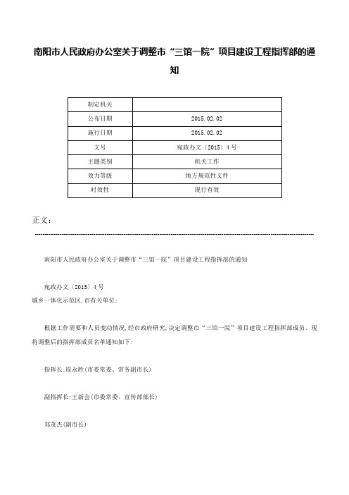 南阳市人民政府办公室关于调整市“三馆一院”项目建设工程指挥部的通知-宛政办文〔2015〕4号