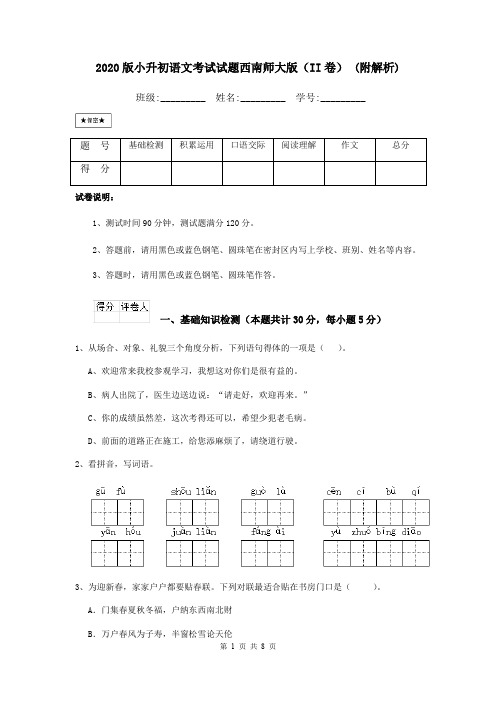 2020版小升初语文考试试题西南师大版(II卷) (附解析)
