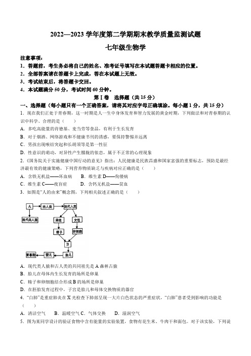 山西省阳泉市盂县2022-2023学年七年级下学期期末生物试题(无答案)