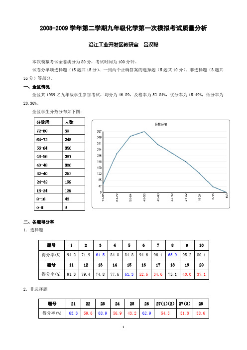 2008-2009学年第二学期九年级化学第一次模拟考试质量分析