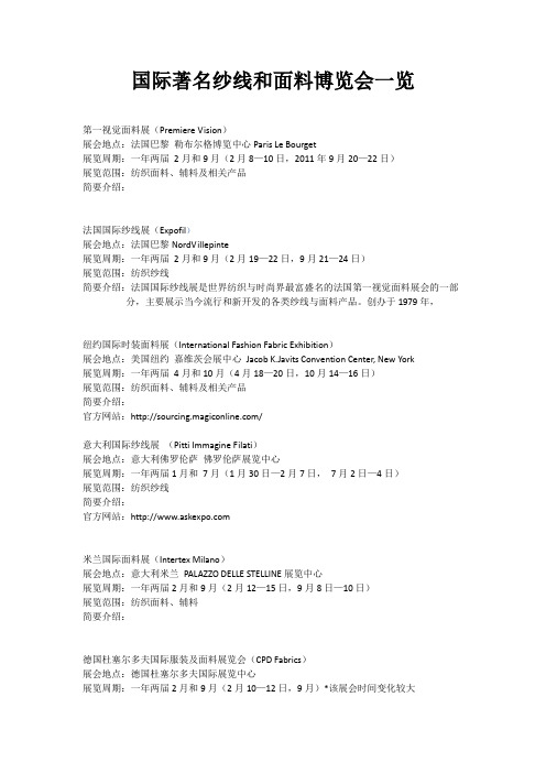 国际著名纱线和面料博览会一览