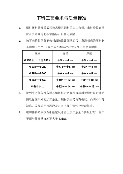 下料工艺要求与质量标准