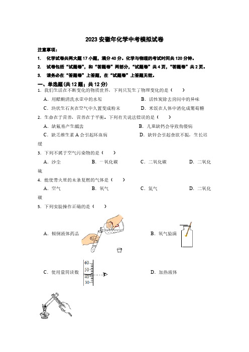 2023年安徽省中考化学模拟试卷(含解析)