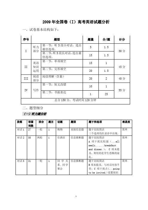 2009高考英语全国卷I试卷分析