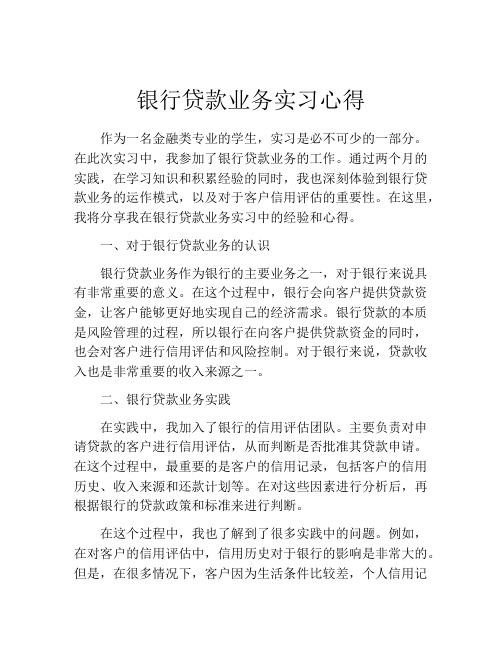 银行贷款业务实习心得