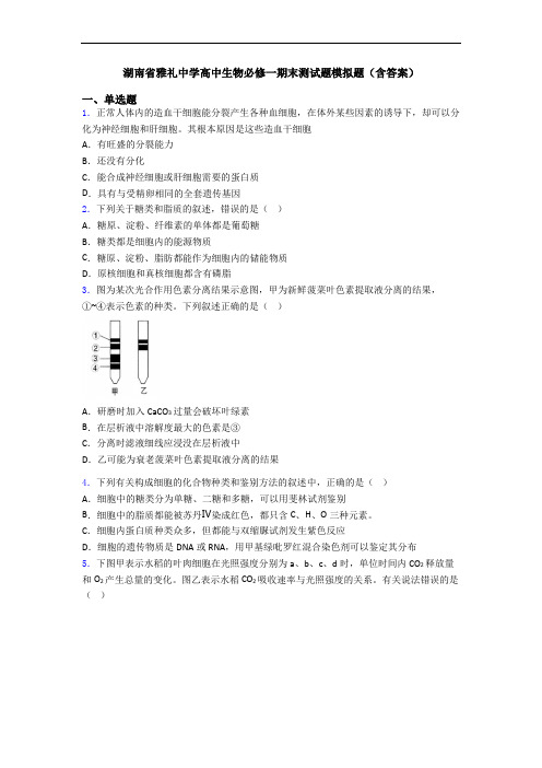 湖南省雅礼中学高中生物必修一期末测试题模拟题(含答案)