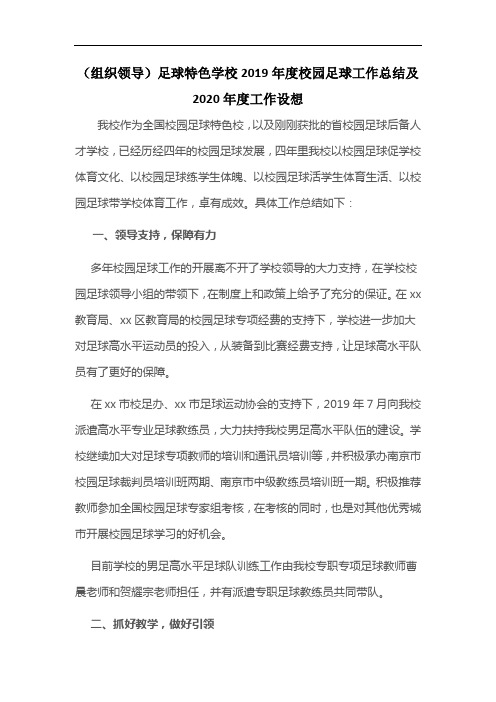 (组织领导)足球特色学校2019年度校园足球工作总结及2020年度工作设想