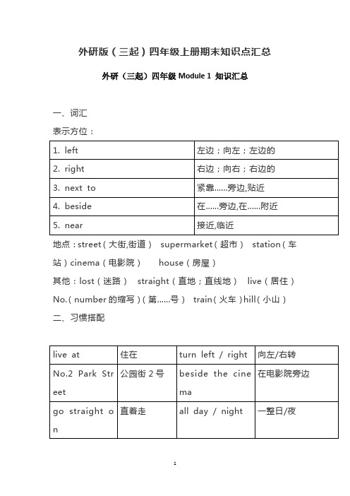 英语外研版(三起)四年级上册素材期末知识点汇总