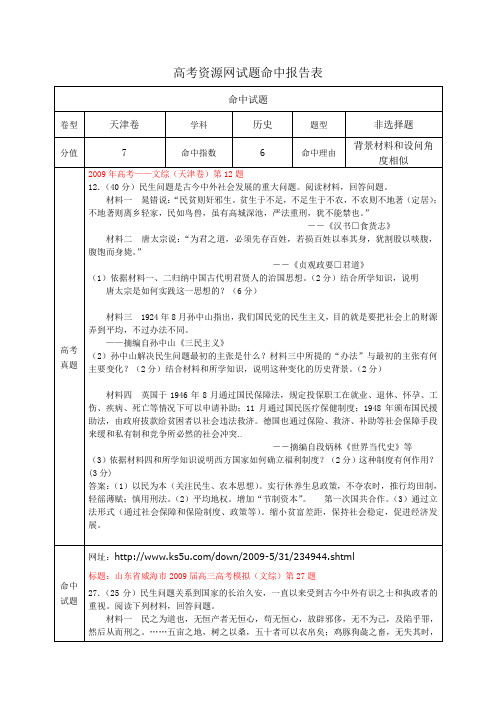 高考资源网试题命中报告表