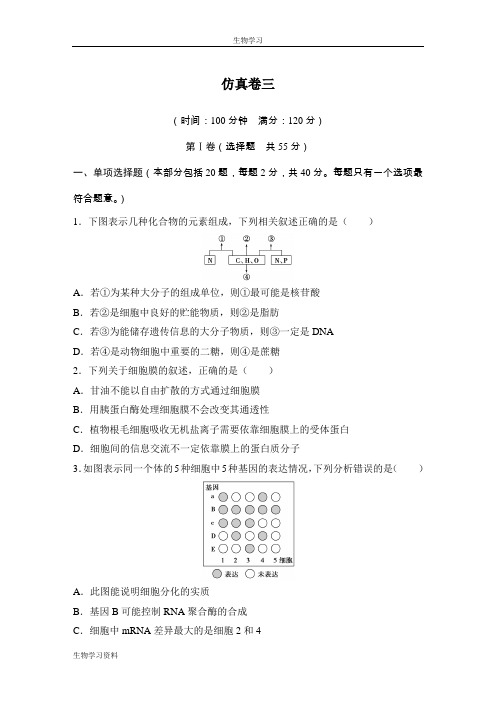 江苏省2016年高考生物复习题：仿真卷三 Word版含答案