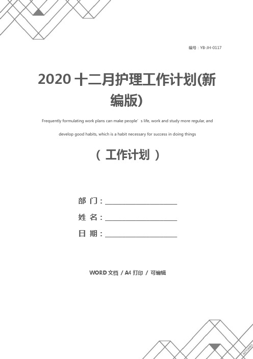 2020十二月护理工作计划(新编版)